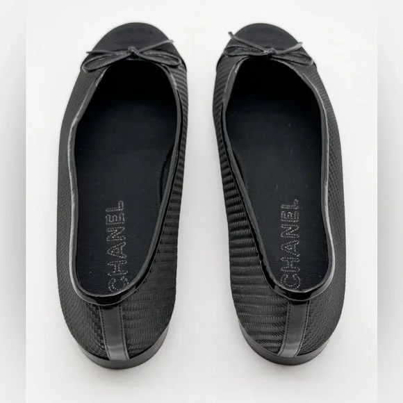 Chanel CC Logo Grosgrain Cap Toe Bow Ballerina Flats Woven Black Leather EU 41.5 - Picture 6 of 14